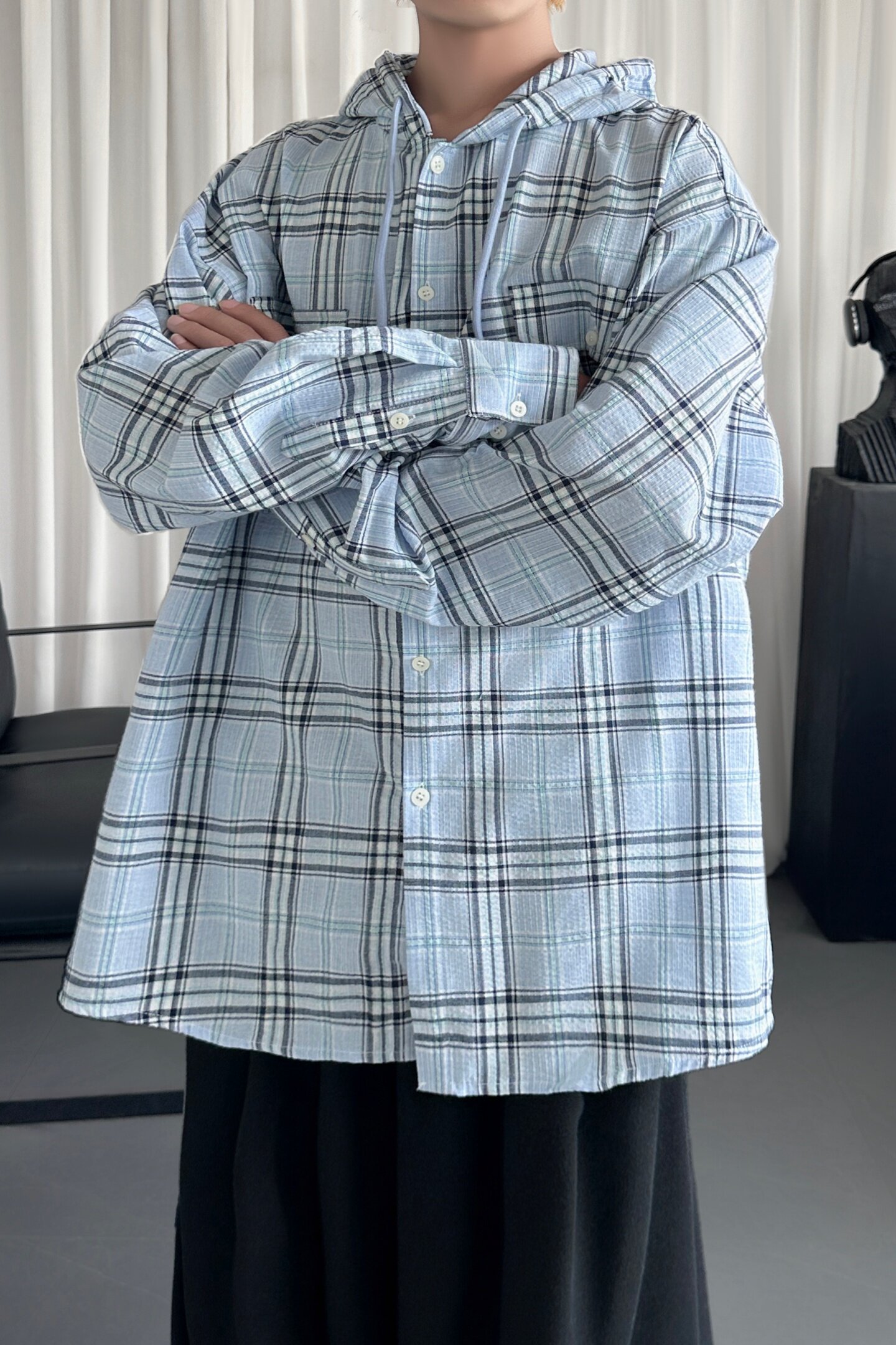 浅蓝色格子连帽衬衫潮流美式潮牌复古休闲外套A5817-P78,男装衬衫,星座1017