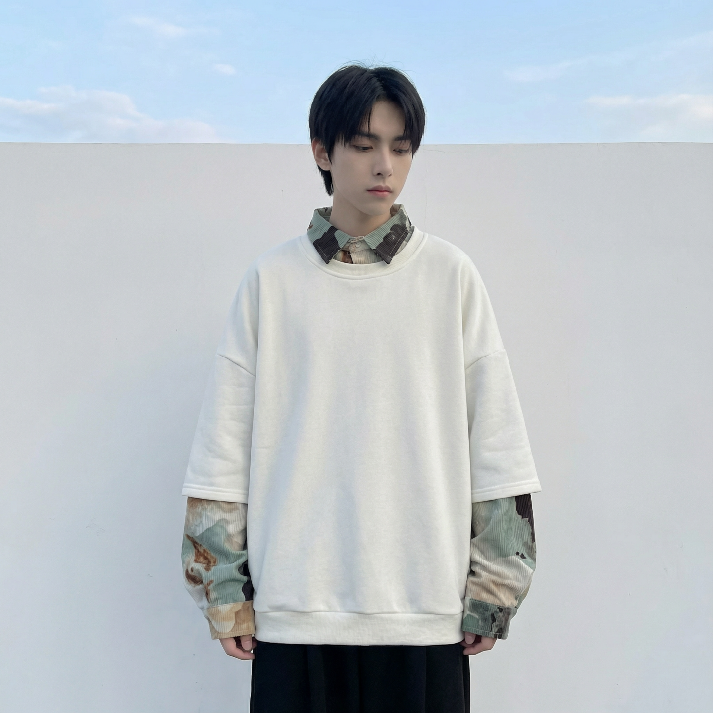 现货慵懒假两件衬衫领卫衣日系情侣碎花上衣A881-P65,男装衬衫,星座1017