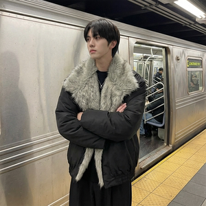 现货 冬季大毛领加厚夹棉黑锻拼接棉服外套 M1654-P168，男装棉衣，星座1017