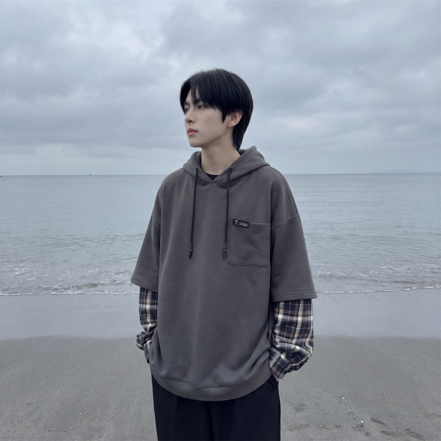 现货春季连帽卫衣男潮牌ins假两件拼接格子慵懒风W8212-P68，男装卫衣，星座1017