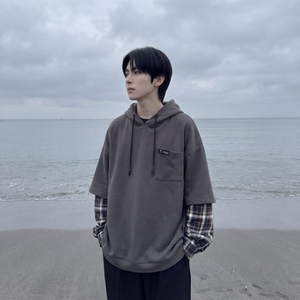 现货 春季连帽卫衣男潮牌ins假两件拼接格子慵懒风 W8212-P68，男装卫衣，星座1017