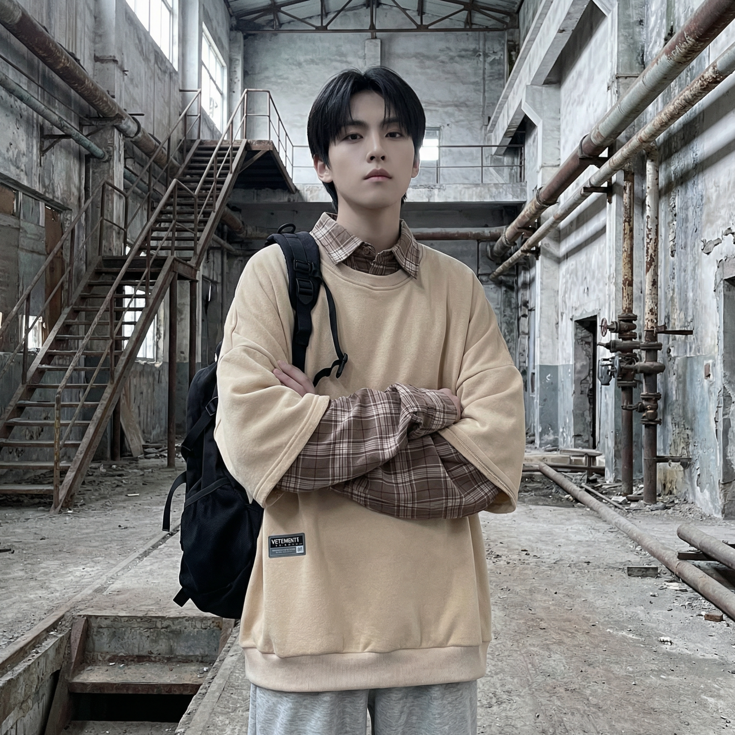 现货2026春款假两件卫衣衬衫领复古vibe格子美式外套A5613-P65，男装衬衫，星座1017