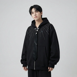 现货小众烫钻可拆卸领带设计连帽卫衣重磅宽松慵懒外套W2056-P89，女装短外套，星座1017