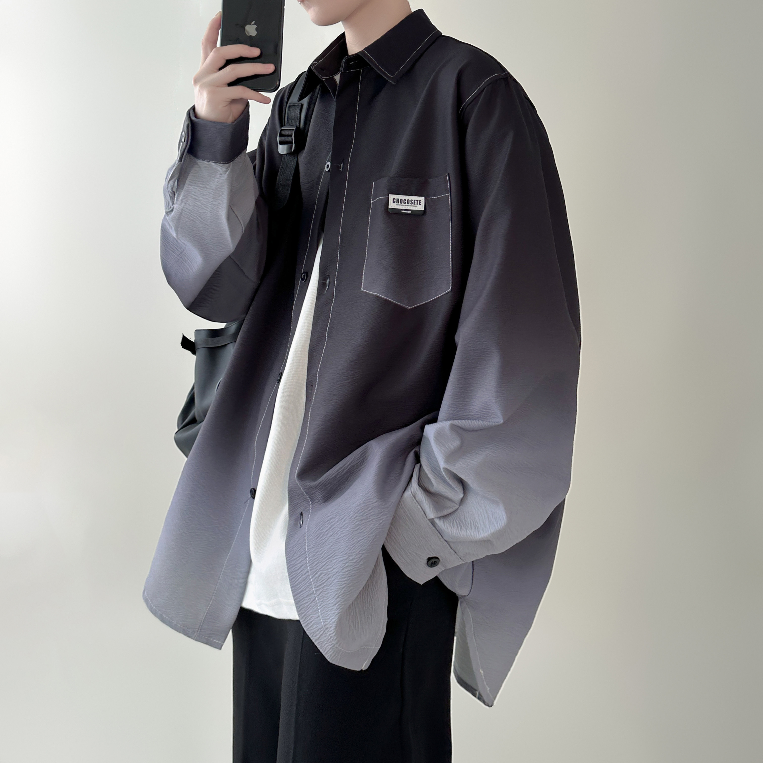 现货春款渐变长袖衬衫水洗褶皱宽松潮流休闲衬衣CS651-P58，男装衬衫，星座1017