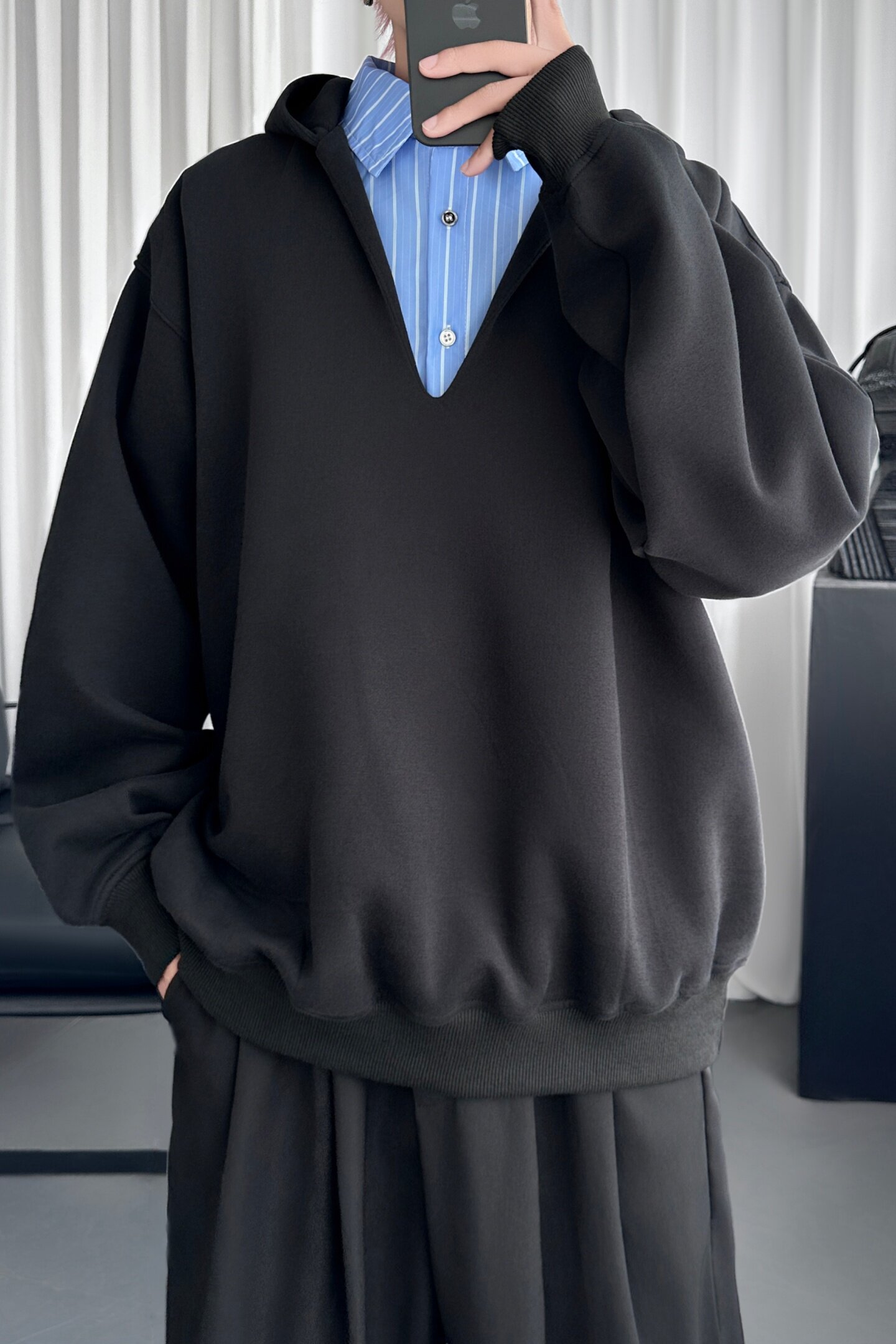 现货潮牌宽松加厚连帽假两件深V高领长袖卫衣WD903-P78,男装卫衣,星座1017