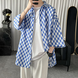 2023夏季慵懒风格子设计短袖衬衫复古港味BF衬衣1017-CC76-P38，男装衬衫，星座1017