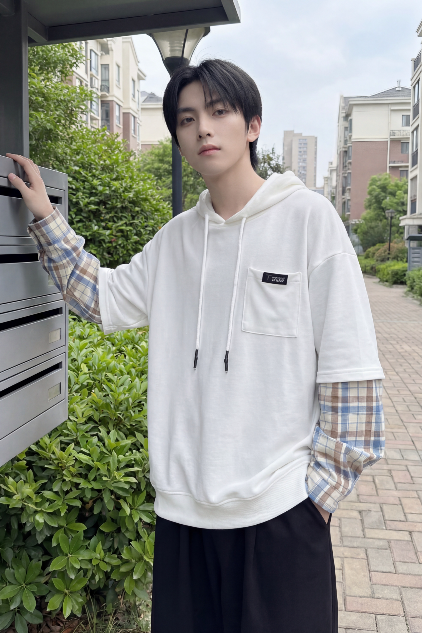 现货春季连帽卫衣男潮牌ins假两件拼接格子慵懒风W8212-P68,男装卫衣,星座1017