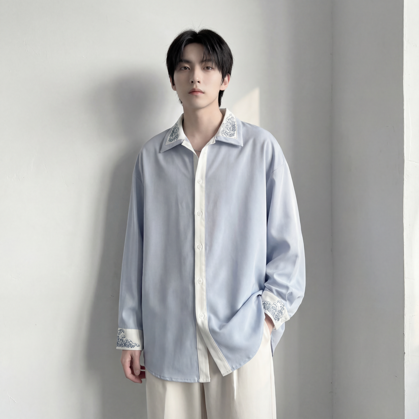 现货潮衬衫小众刺绣长袖衬衣新中式情侣外套DY877-P68，男装衬衫，星座1017