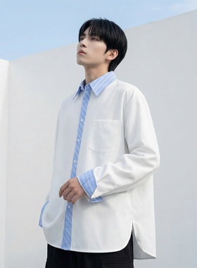 现货 高级感小众设计拼接衬衫男痞帅纯色宽松潮流衬衣 S1858-P68