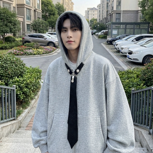 现货烫钻可拆卸领带设计连帽卫衣重磅细闪宽松慵懒外套 W2056-P89，女装短外套，星座1017