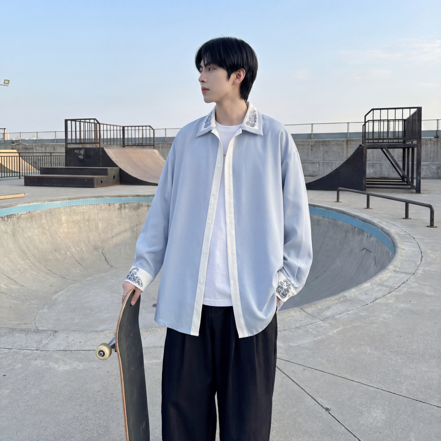 现货潮衬衫小众刺绣长袖衬衣新中式情侣外套DY877-P68，男装衬衫，星座1017