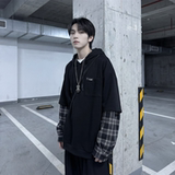 现货春季连帽卫衣男潮牌ins假两件拼接格子慵懒风W8212-P68，男装卫衣，星座1017