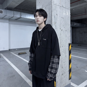 现货 春季连帽卫衣男潮牌ins假两件拼接格子慵懒风 W8212-P68图片