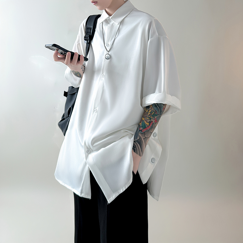 纯色侧边排扣开叉小众男女短袖衬衫DS39-P35，男装T恤，星座1017