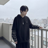 现货春季连帽卫衣男潮牌ins假两件拼接格子慵懒风W8212-P68，男装卫衣，星座1017