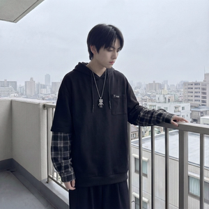 现货 春季连帽卫衣男潮牌ins假两件拼接格子慵懒风 W8212-P68，男装卫衣，星座1017