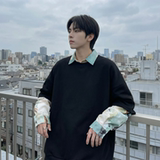 现货慵懒假两件衬衫领卫衣日系情侣碎花上衣A881-P65，男装衬衫，星座1017