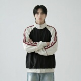 新款现货美式插肩袖立领男春季重磅开衫撞色条纹运卫衣CR711-P68，男装卫衣，星座1017