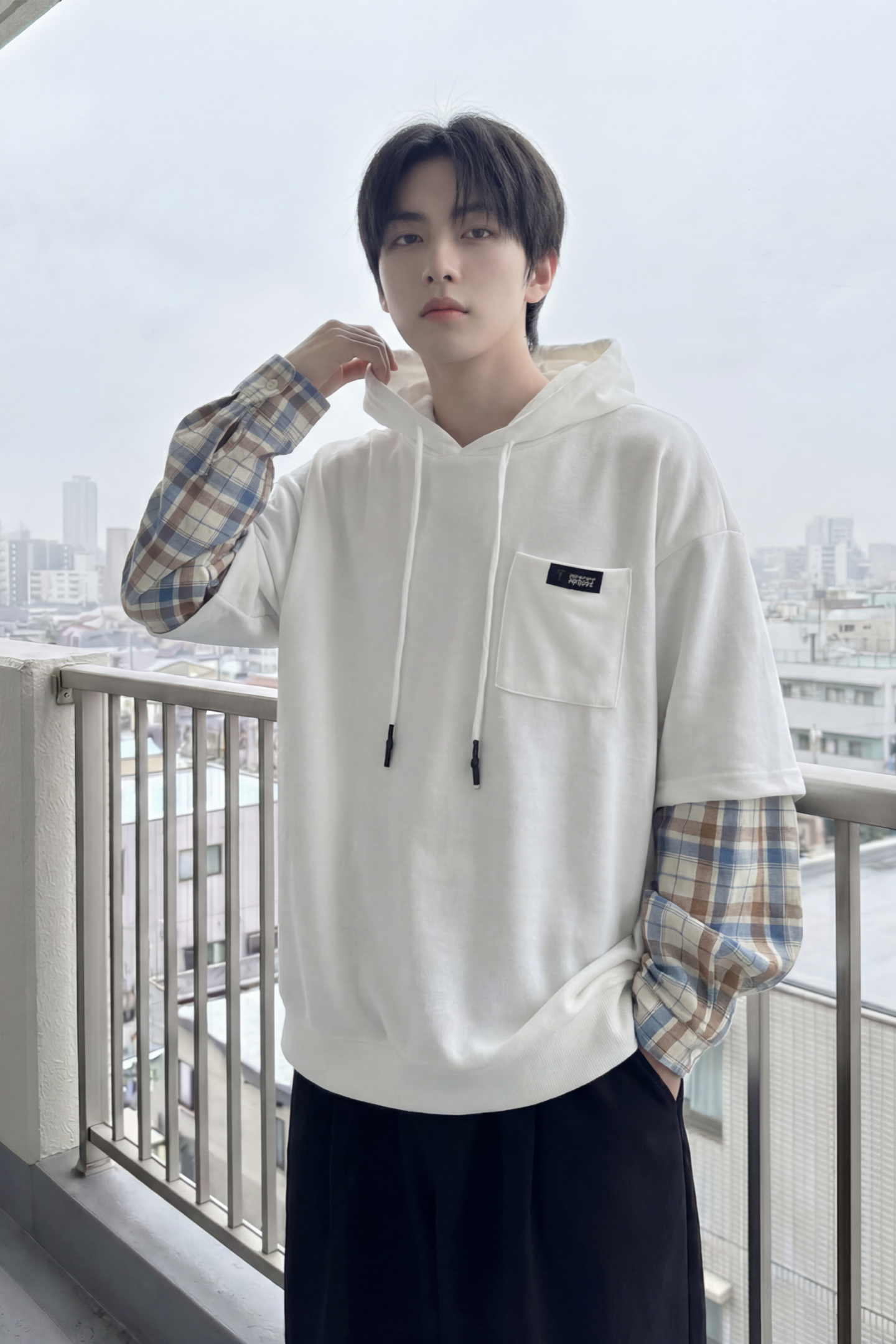 现货春季连帽卫衣男潮牌ins假两件拼接格子慵懒风W8212-P68,男装卫衣,星座1017