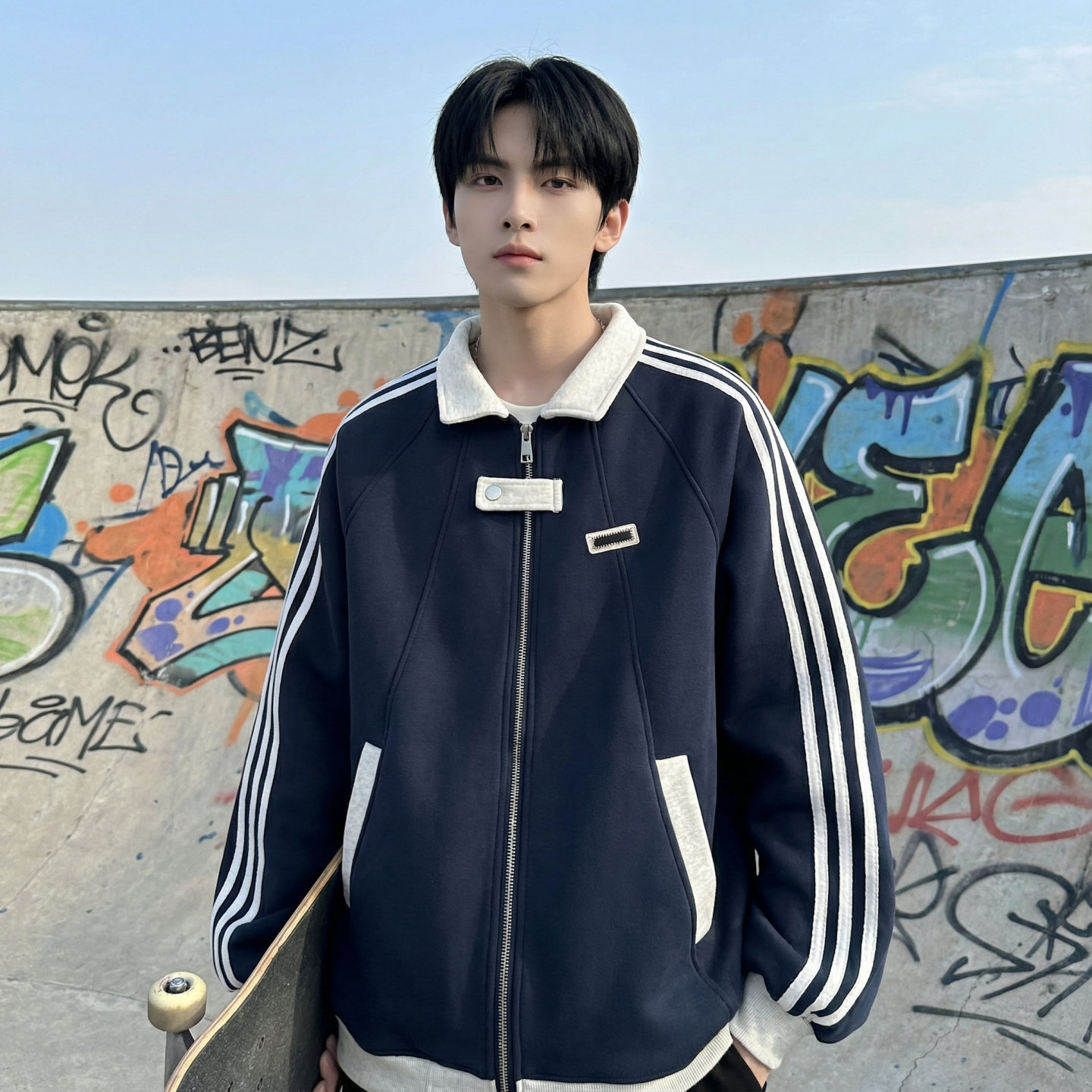 现货2026三条杠翻领夹克男宽松休闲运动外套R238-P68，男装夹克，星座1017