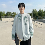 现货春款风灵芝刺绣宽松休闲立领长袖青灰色衬衣SA783-P88，男装衬衫，星座1017