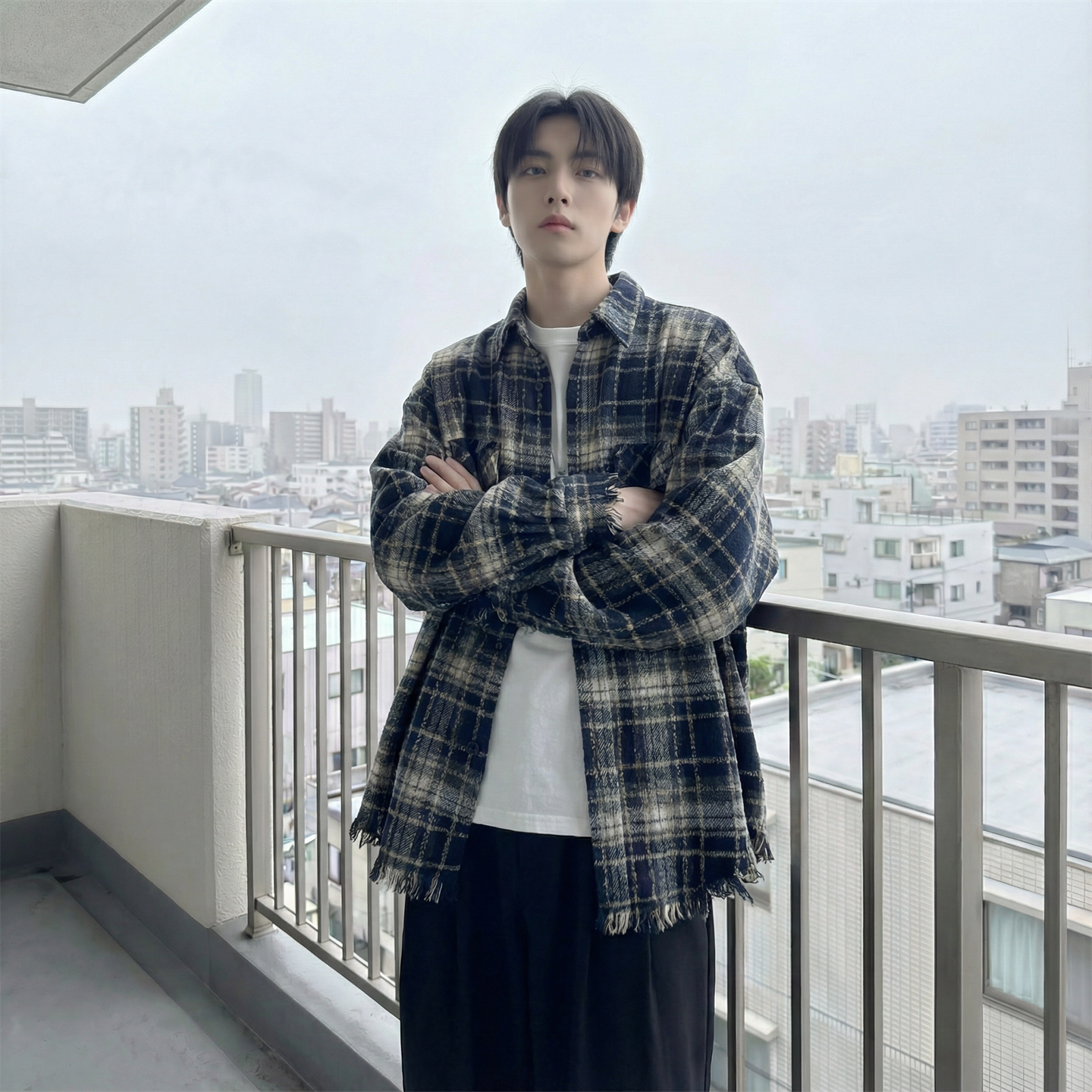 现货2026春复古美式格子长袖衬衫毛边宽松衬衣SC245-P58,男装衬衫,星座1017