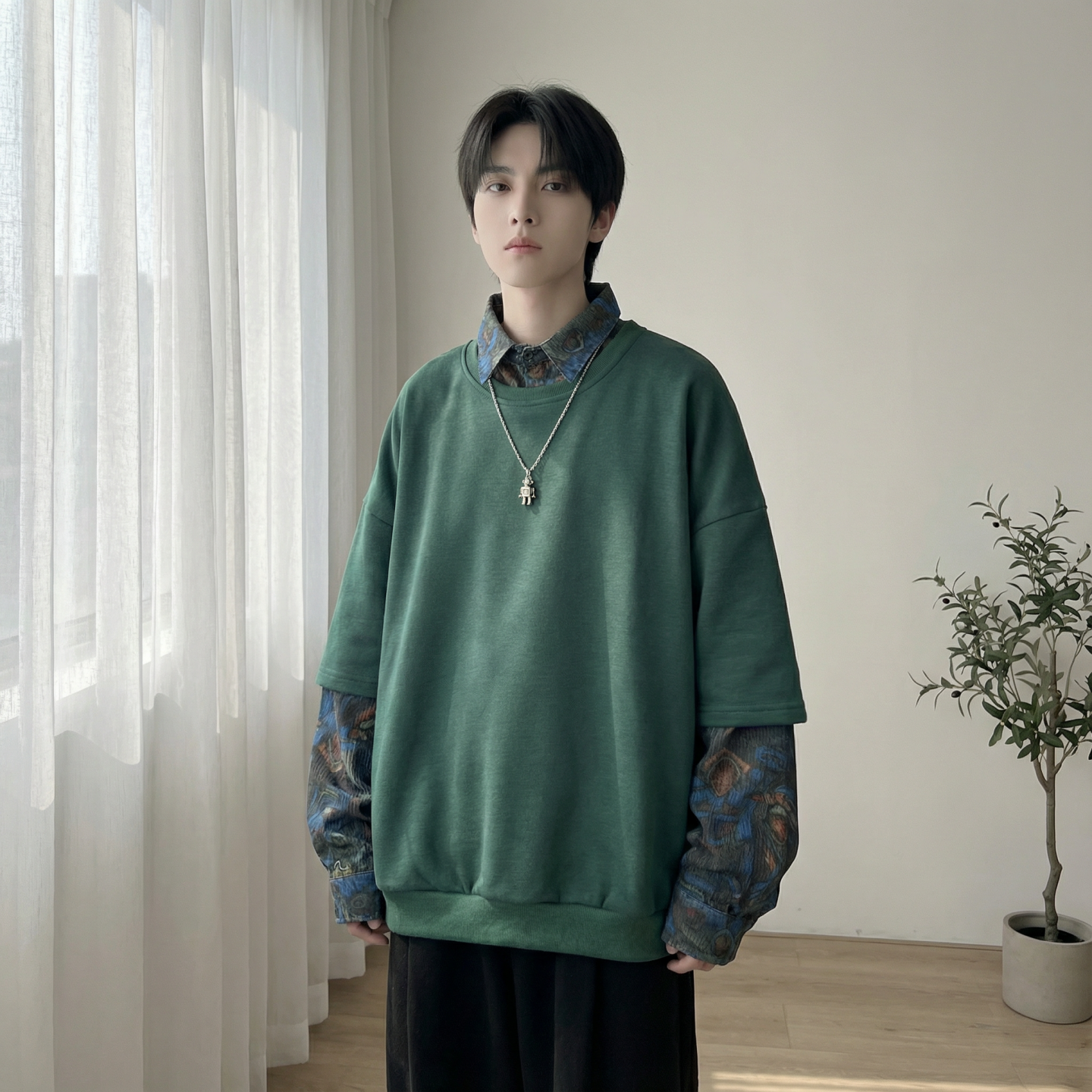 现货慵懒假两件衬衫领卫衣日系情侣碎花上衣A881-P65，男装衬衫，星座1017