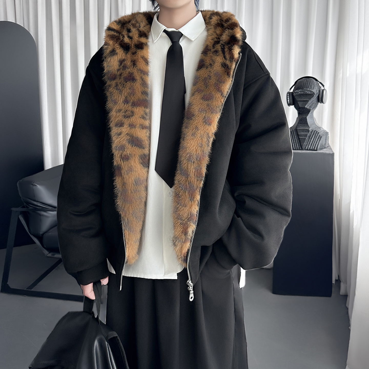 美式情侣加厚豹纹毛绒连帽棉服男夹克麂皮绒棉衣外套 D8599-P148