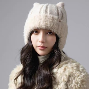 护耳套头毛线帽子冬天可爱甜美双角保暖帽加绒防寒女显脸小毛绒帽