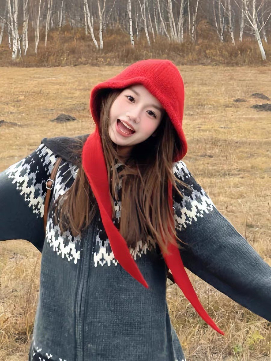 披肩帽女款红色防寒保暖针织帽防风防寒护耳帽显脸小帽子围脖一体