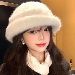 法式赫本风兔毛礼帽女冬季气质保暖白色毛绒渔夫帽富家千金风帽子