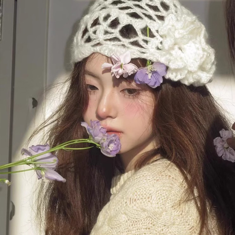 2025新款花朵立体钩花镂空针织帽子女春秋镂空透气包头冷帽显脸小