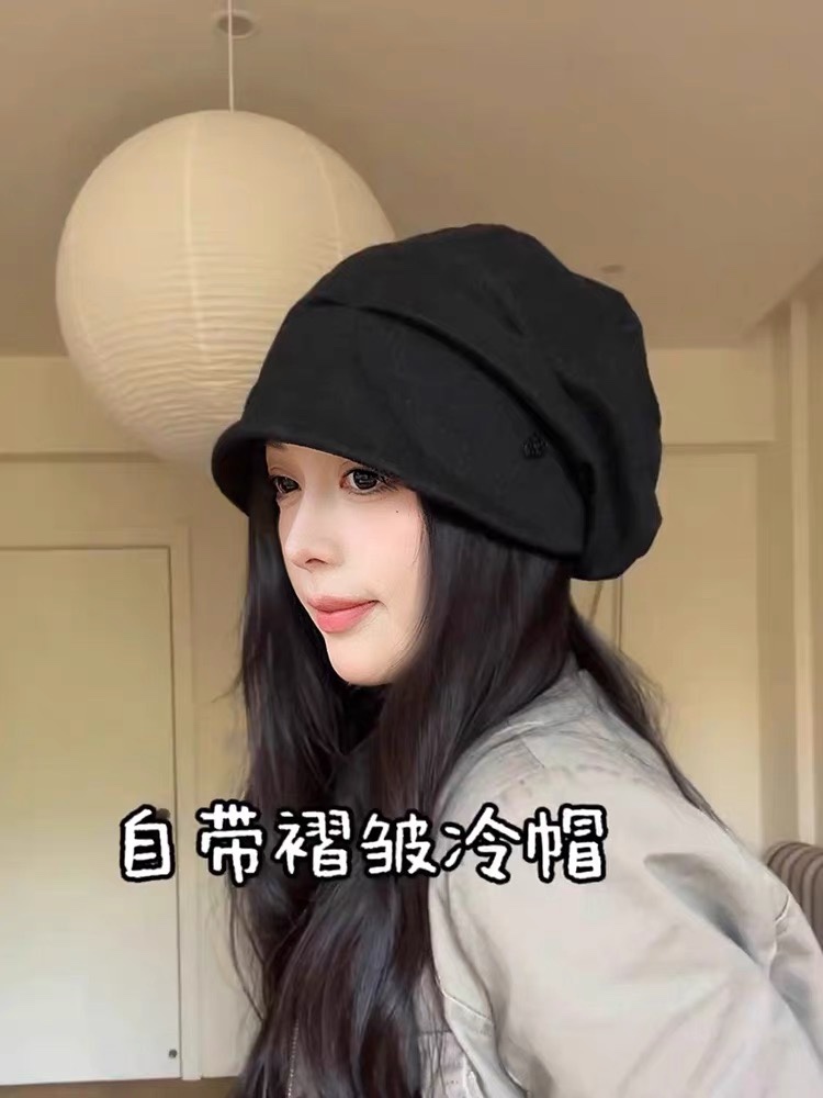 自带褶皱堆堆帽女秋冬2025新款冷帽显脸小保暖帽子慵懒风针织毛线