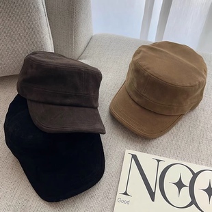 复古棕色平顶马术帽大头围老钱风贝雷帽画家报童帽韩版麂皮绒帽女