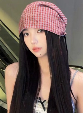 复古格纹废土风系带堆堆帽女夏薄款冷帽辣妹时髦街头套头包头帽子