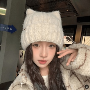 日系甜美可爱猫耳朵包头毛线帽子女秋冬保暖护耳毛绒冷帽针织帽