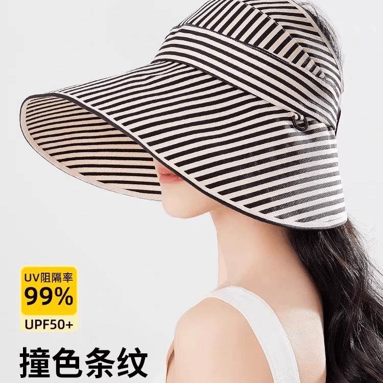 日系防晒帽子女大帽檐全方位遮脸太阳帽条纹半空顶可扎马尾遮阳帽