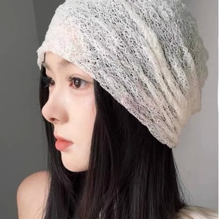 薄款堆堆帽纯色女生透气网纱宽松套头帽慵懒风包头帽发带夏季时尚