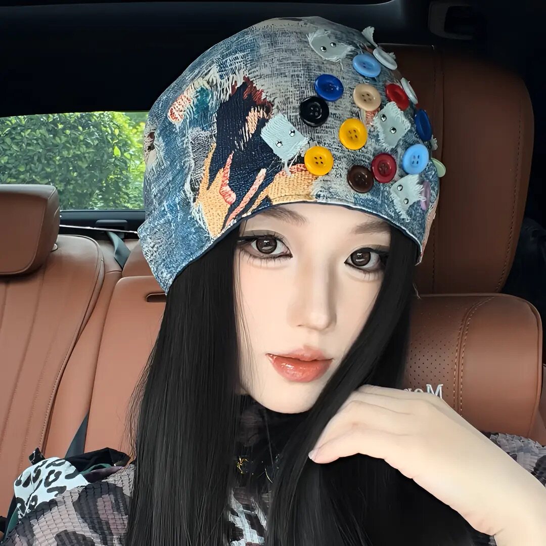 复古油画印花彩色纽扣堆堆帽女小众个性包头帽亚文化慵懒套头冷帽