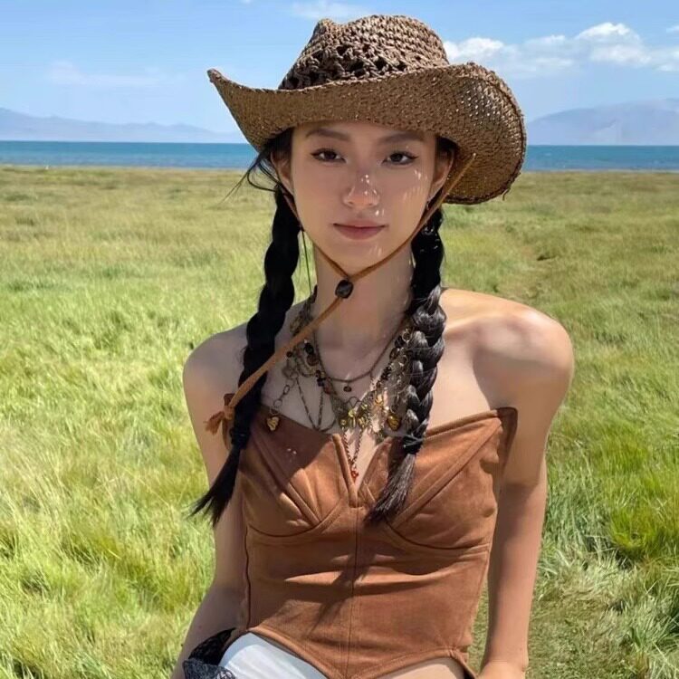 辣妹风骑士帽西部牛仔帽子男女夏天出游登山钓鱼防晒遮阳爵士草帽