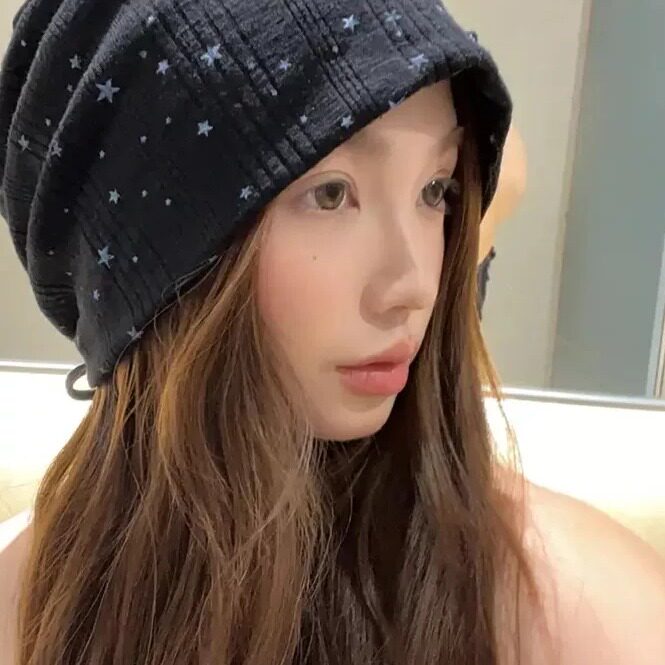 韩系满天星印花堆堆帽黑色竖纹肌理包头帽百搭素颜帽透气休闲帽子