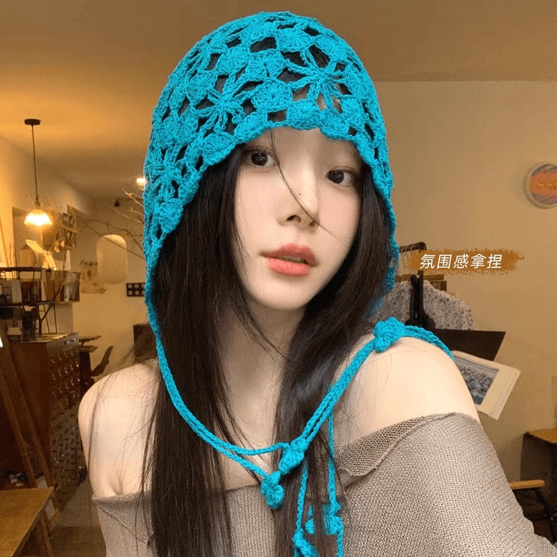 春夏季流苏手工镂空花朵针织帽透气甜美少女民族风包头堆堆帽薄款