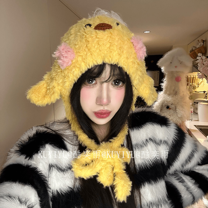 【小黄鸭】秋冬可爱毛绒流苏毛线手工女保暖冬季防风帽创意加绒帽