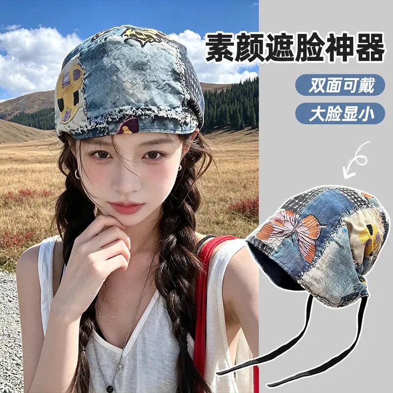 复古拼布包头帽女短檐民族风拼接帽子户外旅游拍照废土风堆堆帽