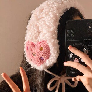 毛绒爱心耳套女秋冬保暖防冻少女心耳罩高颜值钻饰韩系氛围感
