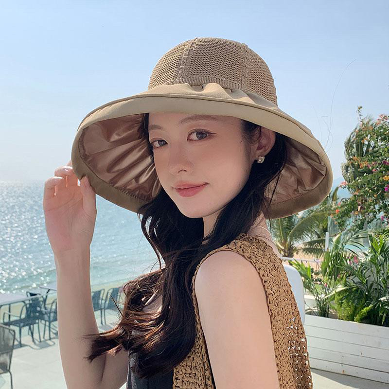 拼接大沿遮阳帽女夏季透气彩胶涂层蝴蝶结帽子度假防紫外线渔夫帽