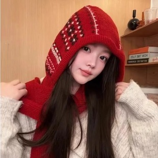 费尔岛风提花毛线帽女冬季连帽围巾保暖针织帽红色帽子围巾一体男