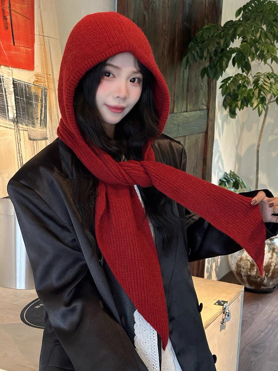 2024秋冬季新款纯色针织帽子披肩一体女两用外搭加厚保暖护颈围脖