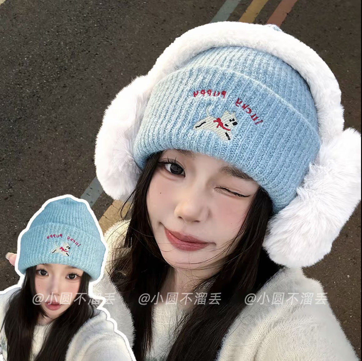 可爱小狗刺绣针织毛线帽女秋冬送耳罩显脸小韩版百搭保暖帽情侣男