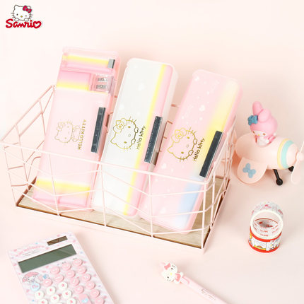 正品凯蒂猫多功能塑料文具盒小学生磨砂透明渐变双开铅笔盒带笔削